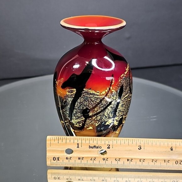Nourot Signed Studio Glass Incense Vase Jar 4.5” Tall Red Gold Black USA - Picture 9 of 10